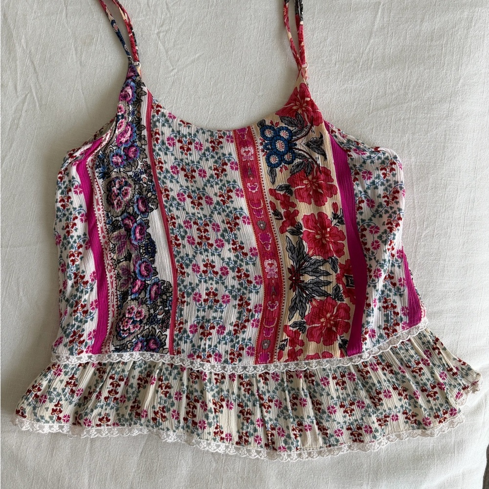 Floral Patchwork Ruffle Hem Cami Top - Pink